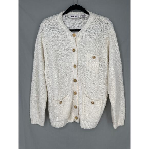 90s Vintage Cardigan Sweater Womens Large Cream Gold Button Knit Cozy Minimalist - Picture 4 of 6